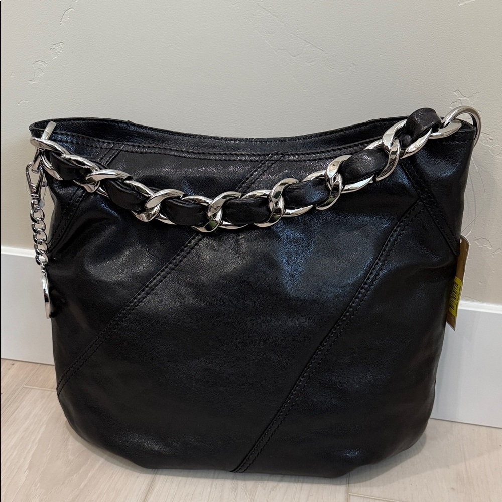 Michael Kors Soft Leather Elegant Black Hobo Bag with Silver Chain NEW